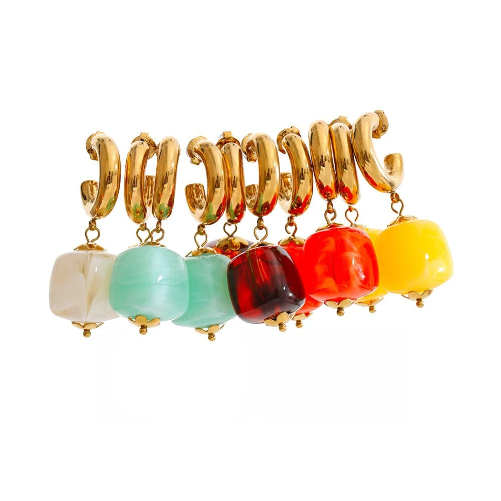 Gold-plated stainless steel earrings with resin and acrylic beads in a rainbow pattern.