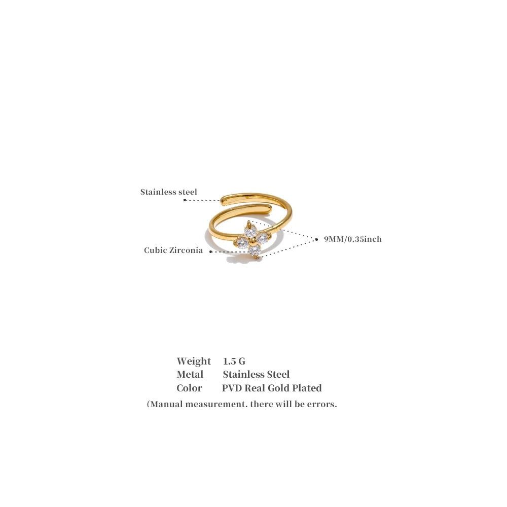 Cubic zirconia flower ring in gold-plated stainless steel with cubic zirconia.