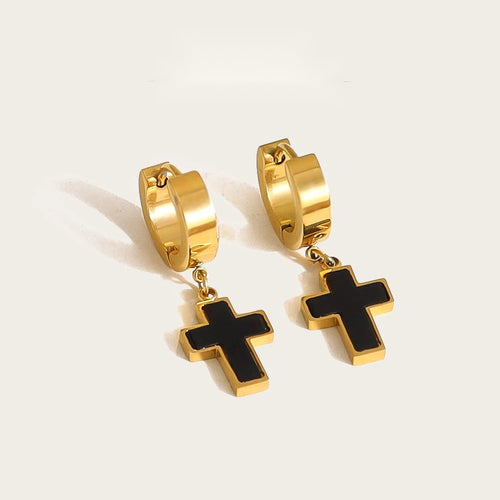 Cross Huggie Earrings Black Acrylic Charm — 316L Stainless Steel