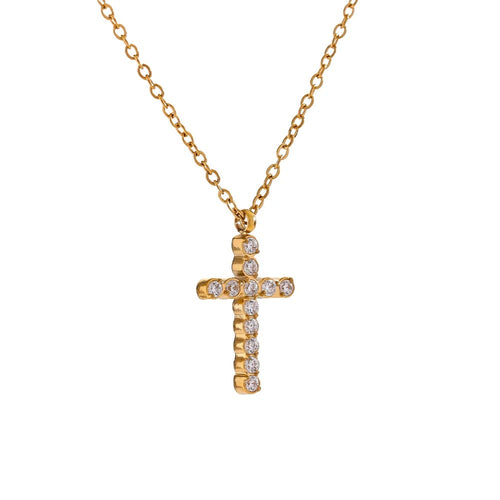 Gold-plated cross necklace with cubic zirconia stones.