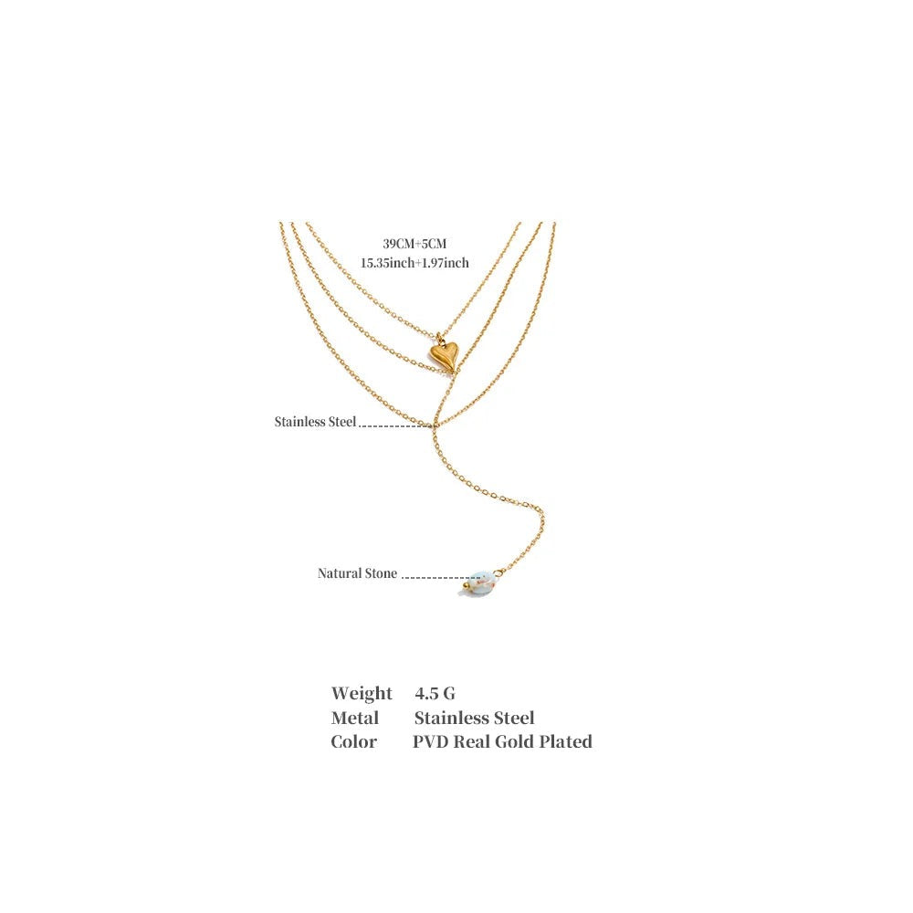 Natural stone heart chain necklace in gold-plated stainless steel with natural stone.
