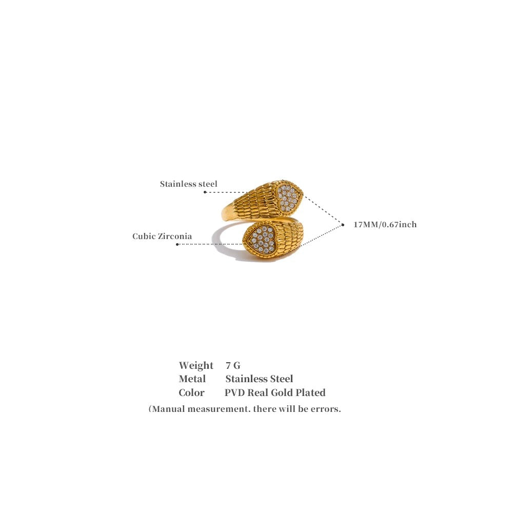 Cubic zirconia heart snake ring in gold-plated stainless steel with cubic zirconia.