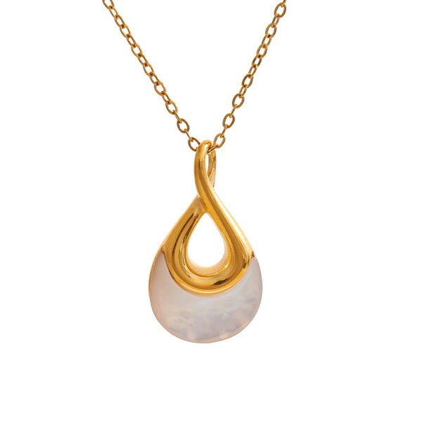 Gold-plated stainless steel necklace with natural stone and shell pendant featuring a teardrop shape.