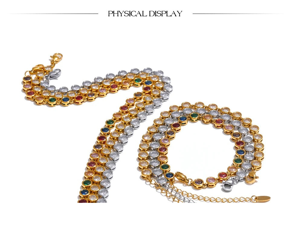 Cubic zirconia multi-color geometric necklace in gold-plated stainless steel with cubic zirconia.