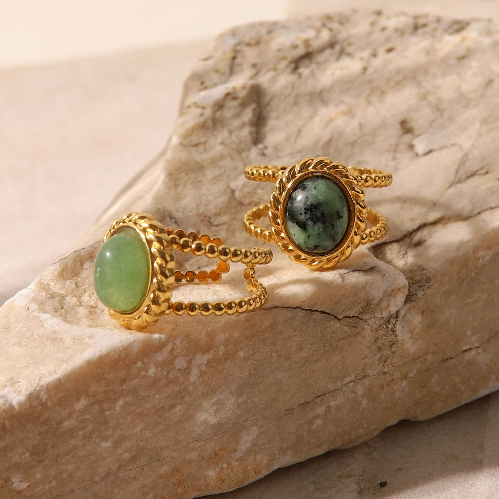 Green Stone Sun Ring Stack — Stainless Steel · PS131