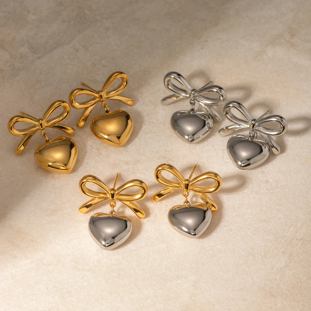 Bow Heart Drop Earrings — 316L Stainless Steel · PS069