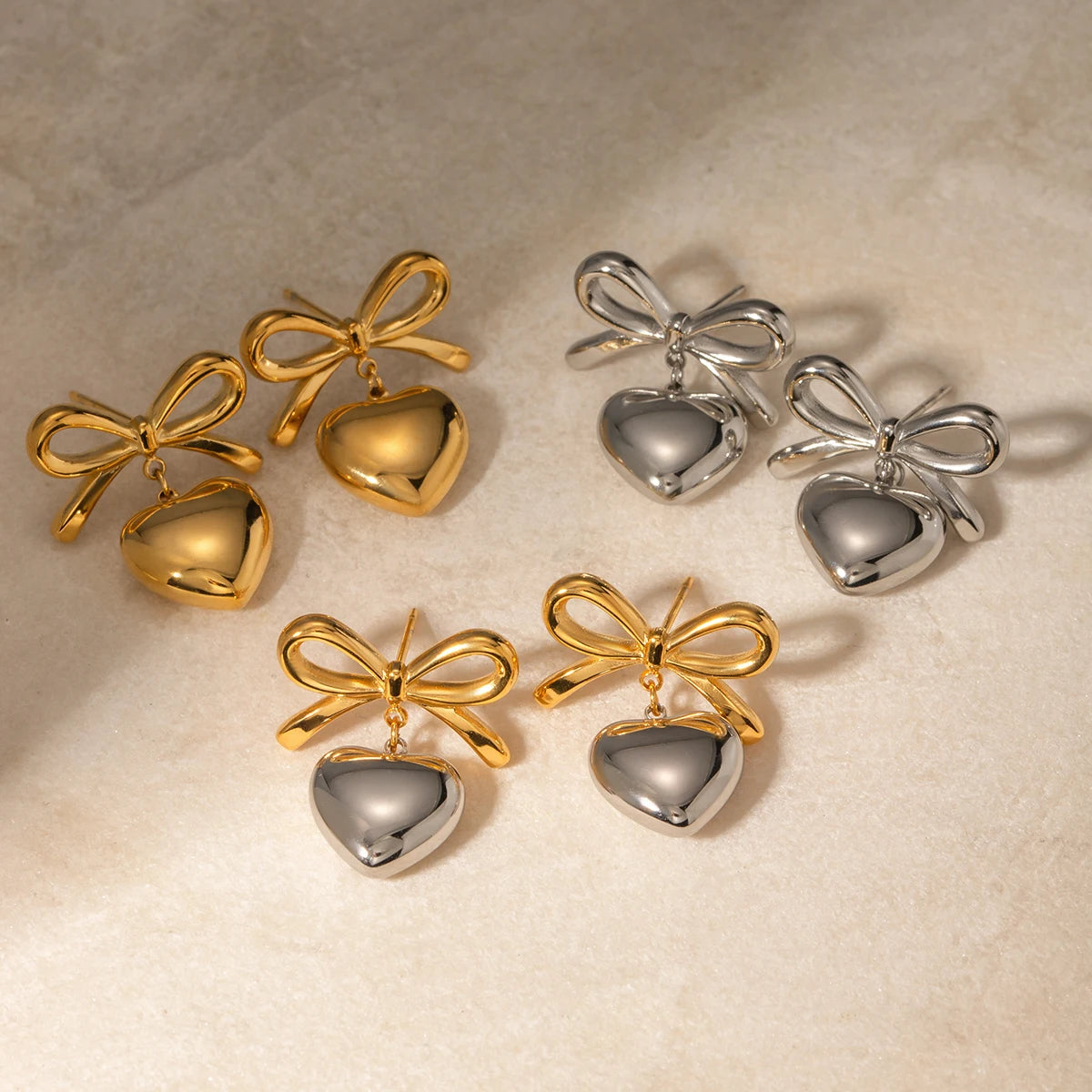 Bow Heart Drop Earrings — 316L Stainless Steel · PS069