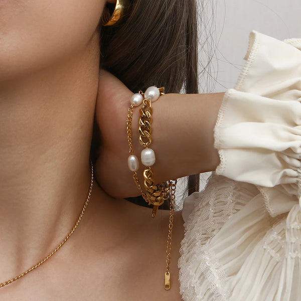 Pearl Toggle Bracelet Stack — Stainless Steel