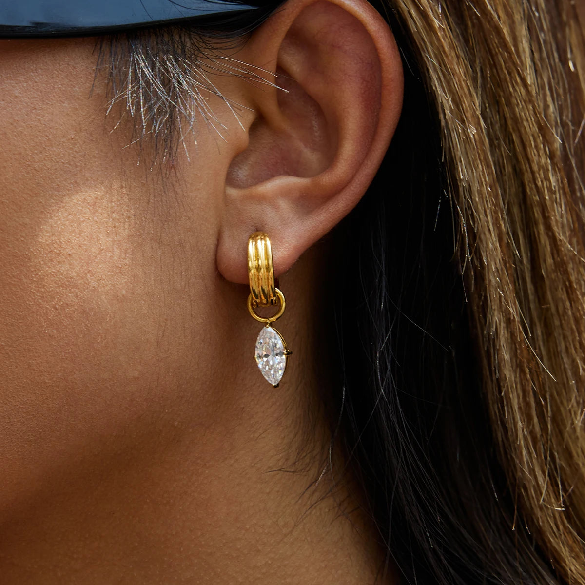 CZ Teardrop Huggie Earrings — Stainless Steel · PS051