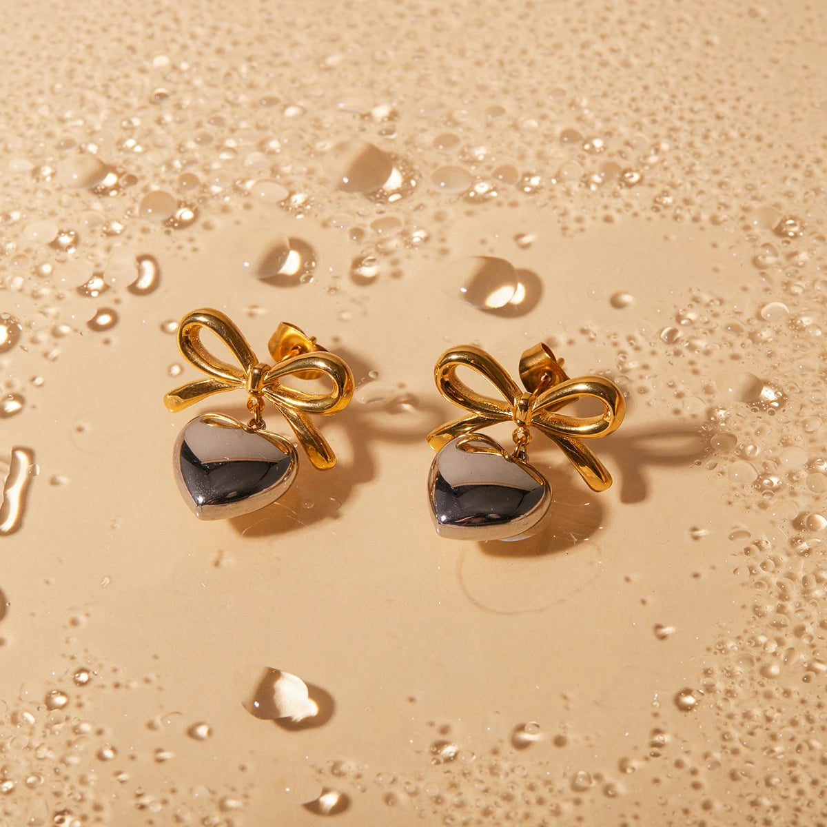 Bow Heart Drop Earrings — 316L Stainless Steel · PS069