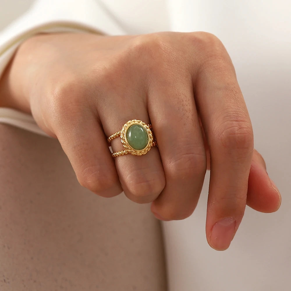 Green Stone Sun Ring Stack — Stainless Steel · PS131
