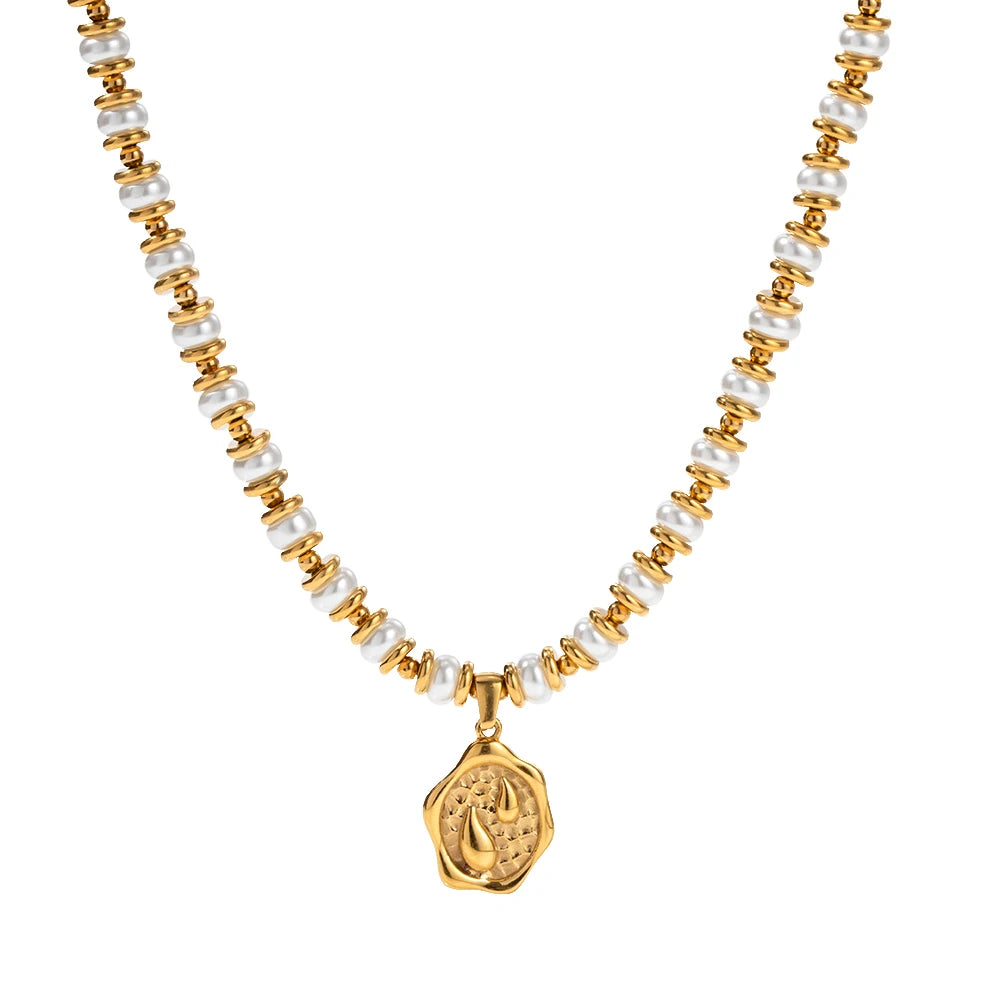 Pearl Coin Charm Necklace — Stainless Steel · PS173