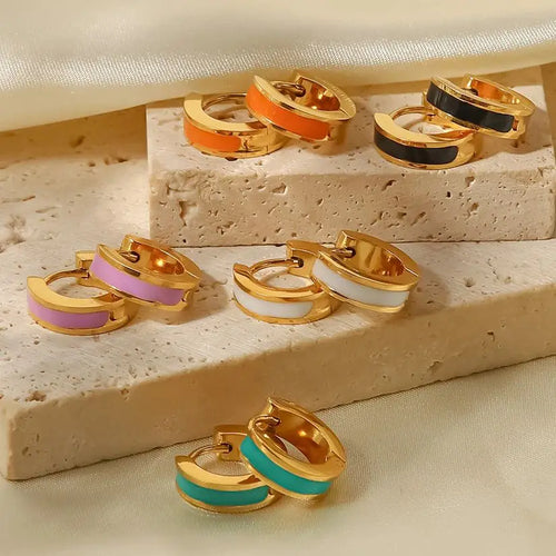 Color Enamel Round Stud Earrings — Stainless Steel