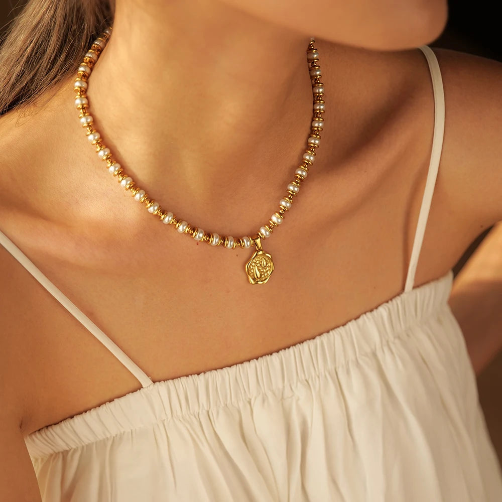 Pearl Coin Charm Necklace — Stainless Steel · PS173