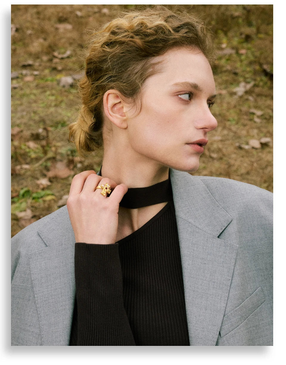 Cubic zirconia cross multi-color ring in 18K gold-plated stainless steel with cubic zirconia.
