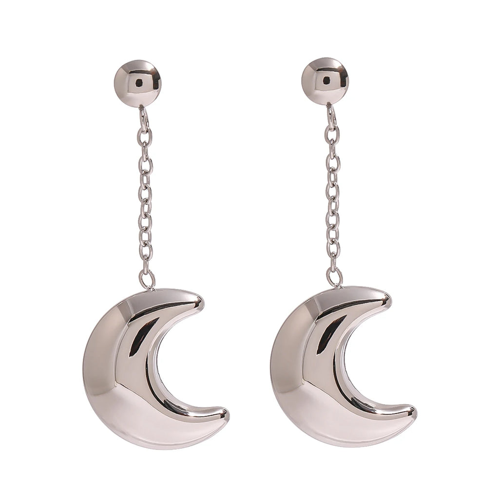 Crescent Moon Chain Earrings — Stainless Steel · PS075
