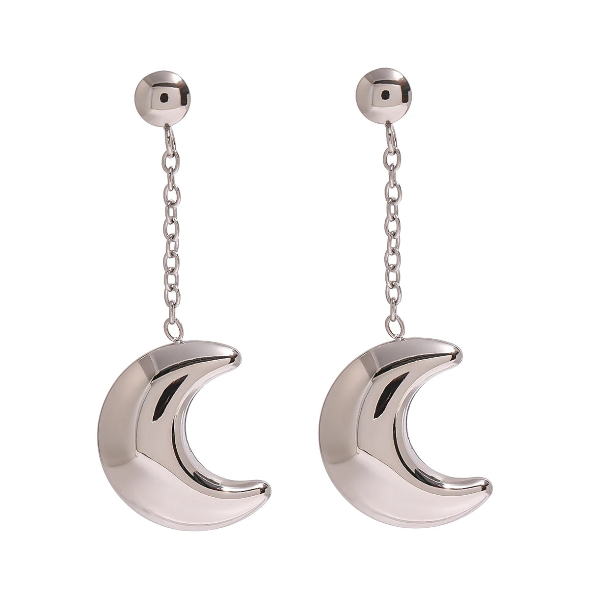 Crescent Moon Chain Earrings — Stainless Steel · PS075