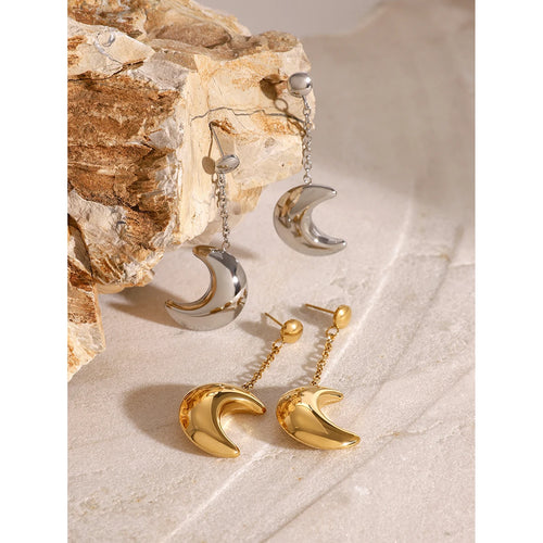 Crescent Moon Chain Earrings — Stainless Steel