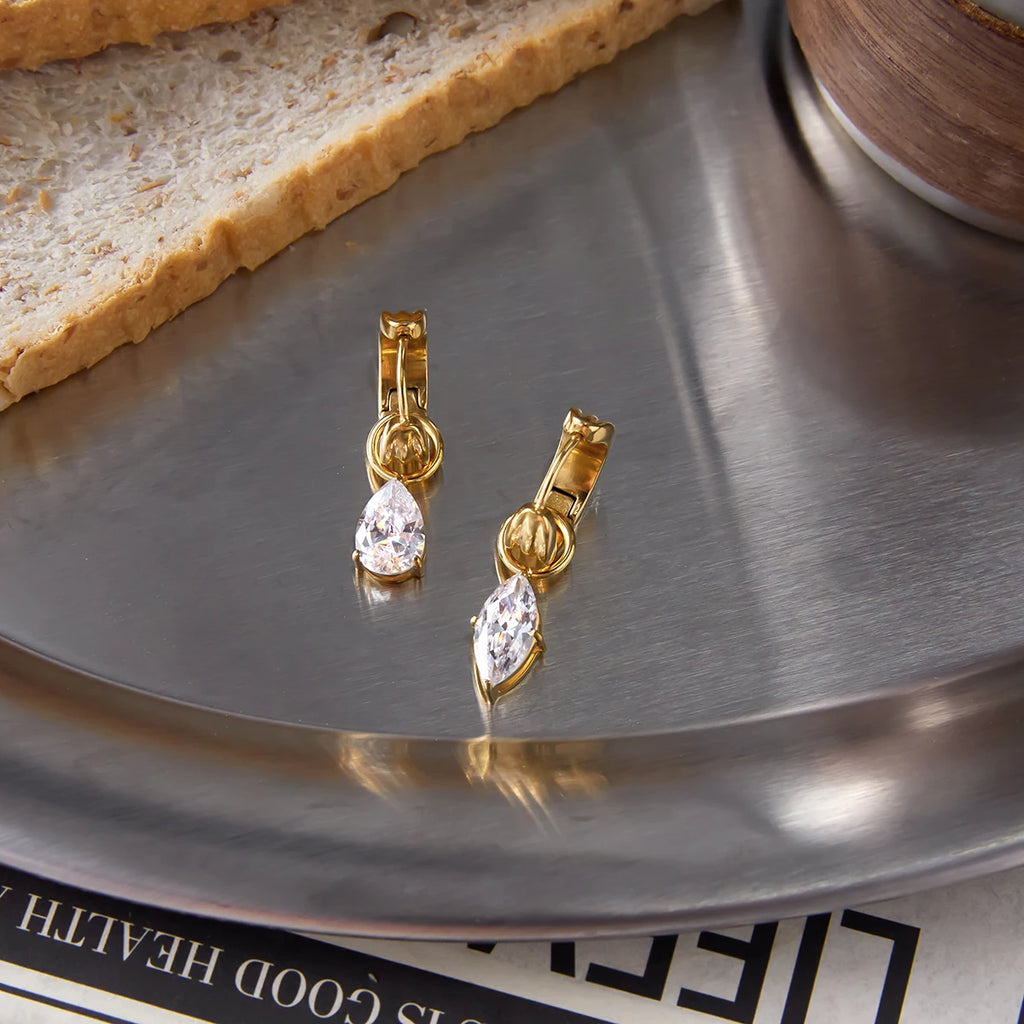 CZ Teardrop Huggie Earrings — Stainless Steel · PS051