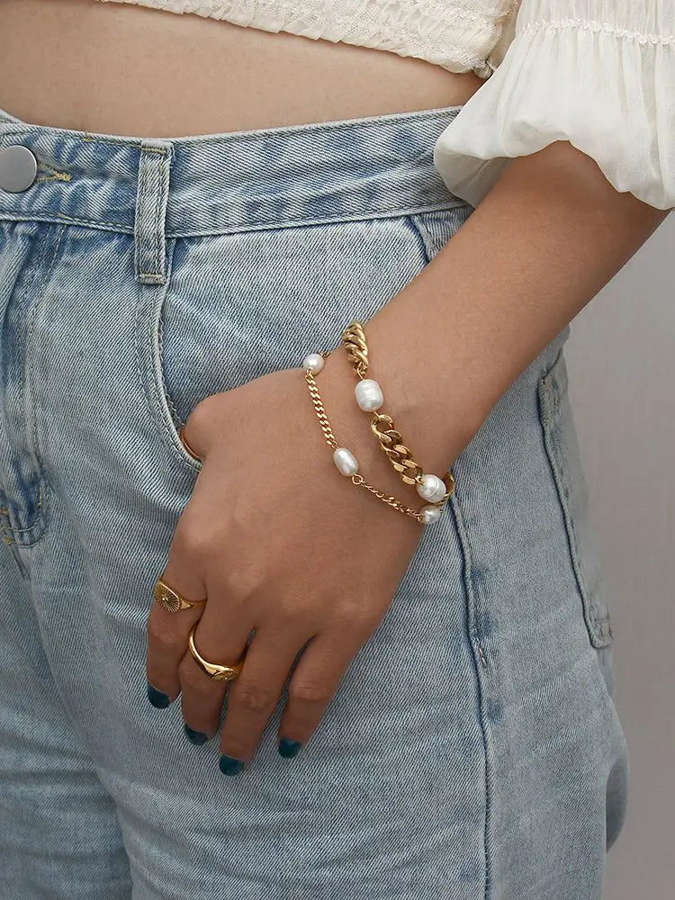 Pearl Toggle Bracelet Stack — Stainless Steel · PS029