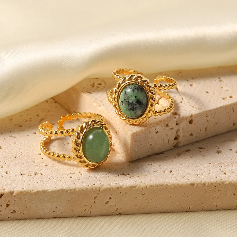 Green Stone Sun Ring Stack — Stainless Steel · PS131