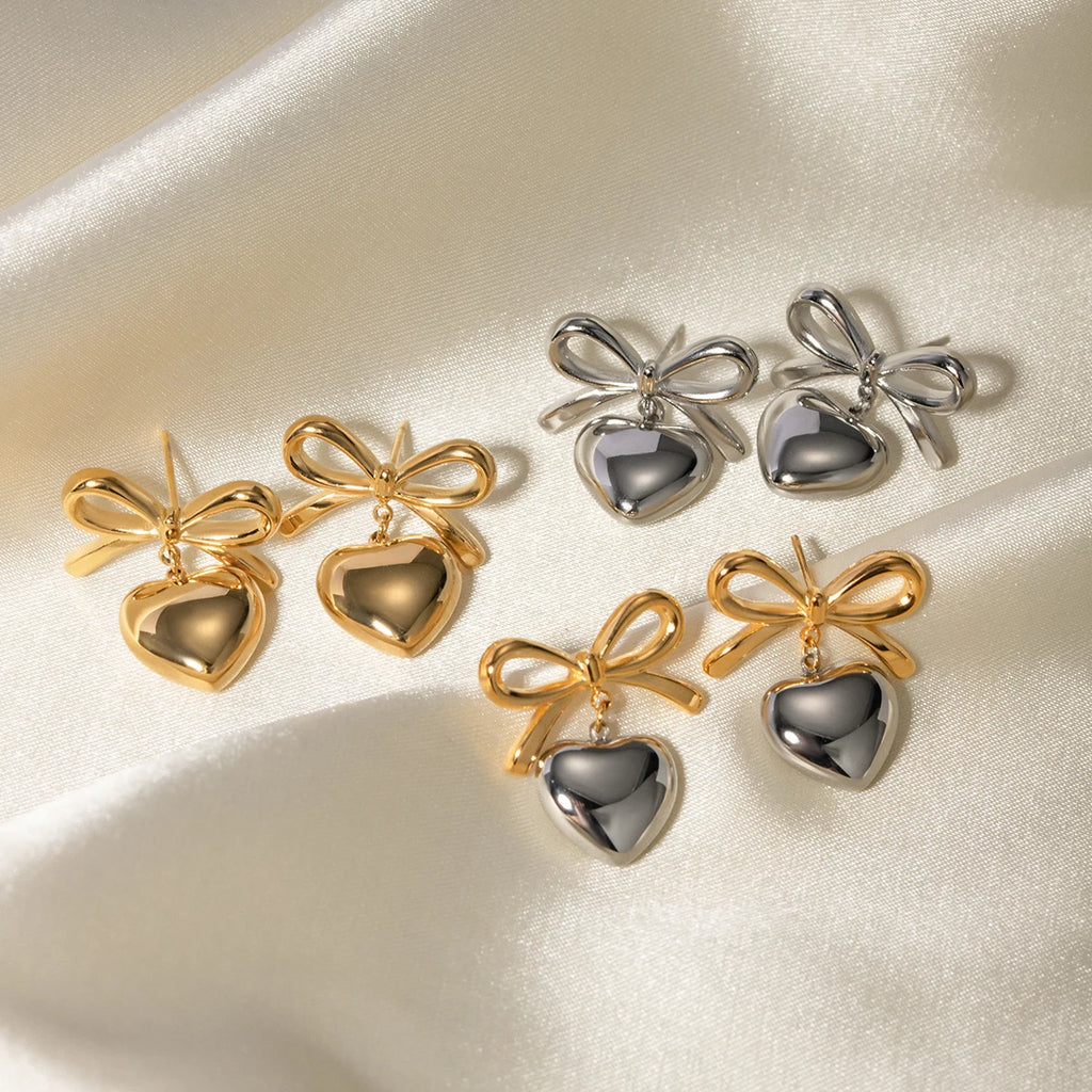 Bow Heart Drop Earrings — 316L Stainless Steel · PS069