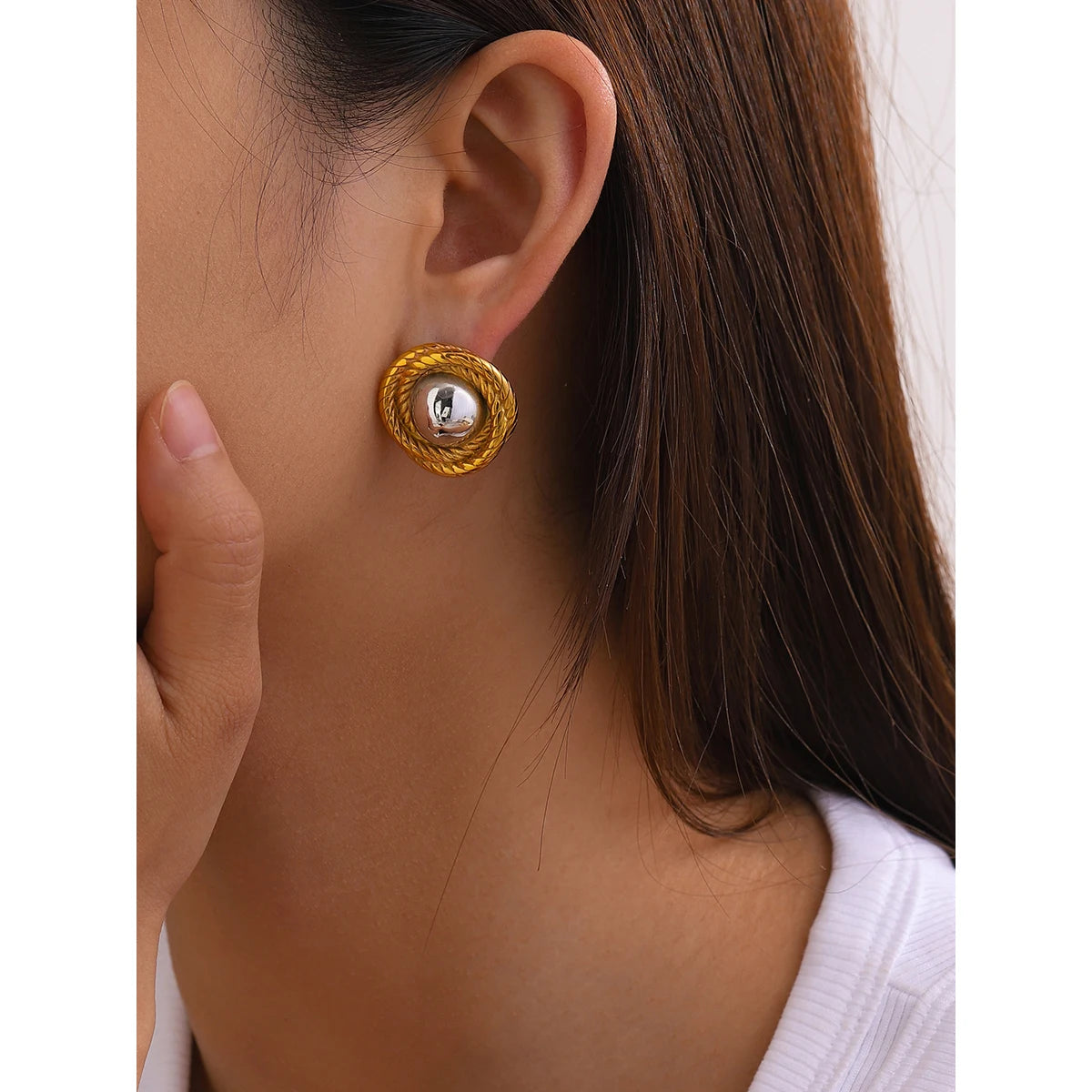 Two-Tone Fluted Square Earrings — Stainless Steel · PS358