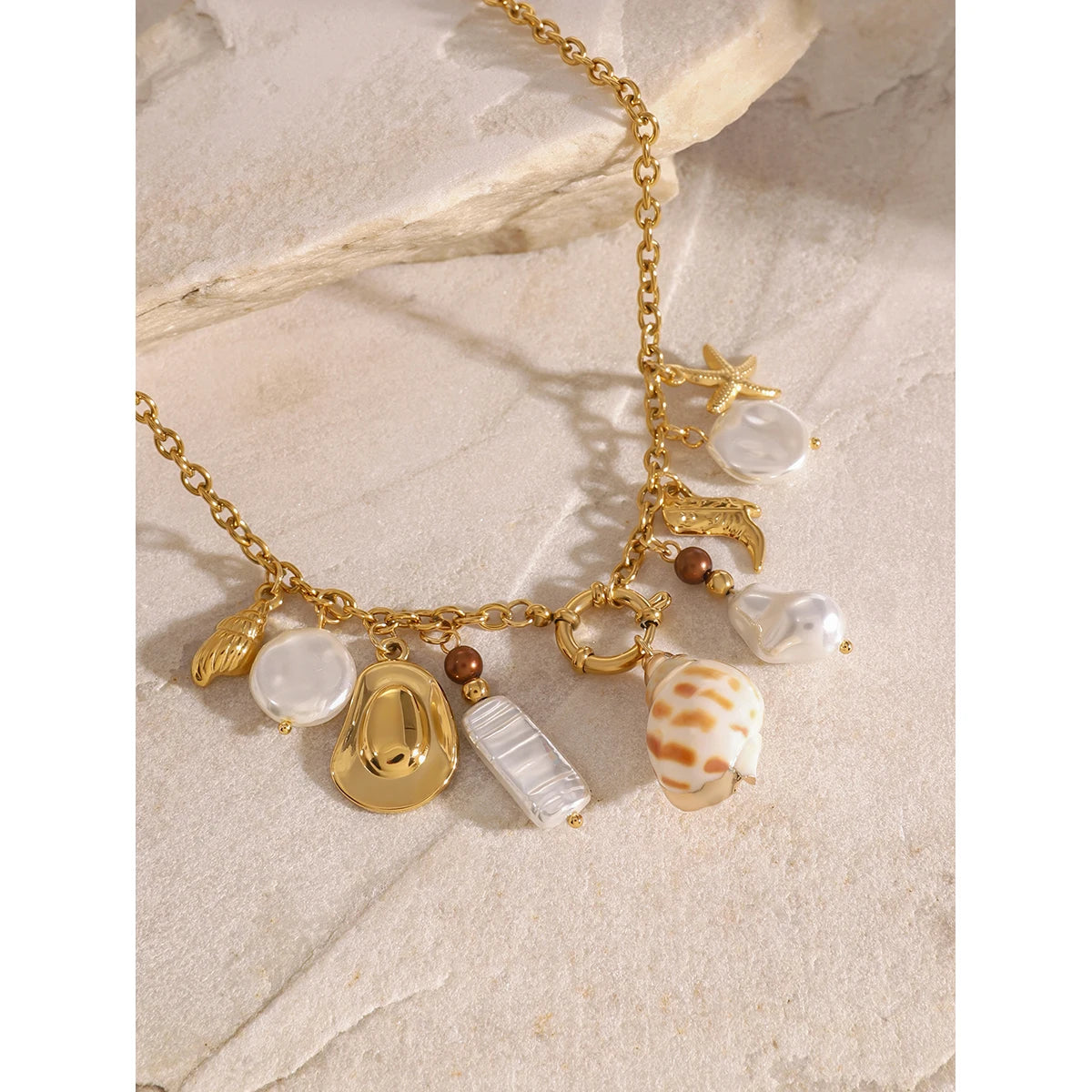 Shell Pearl Charm Necklace — Stainless Steel · PS163