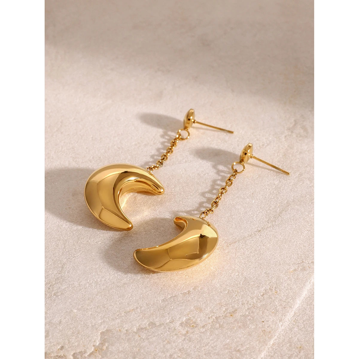 Crescent Moon Chain Earrings — Stainless Steel · PS075