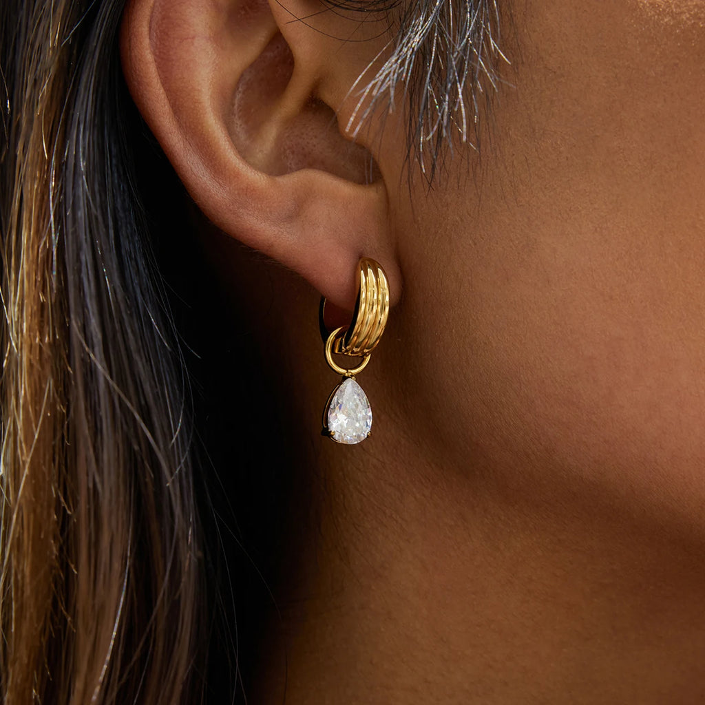 CZ Teardrop Huggie Earrings — Stainless Steel · PS051
