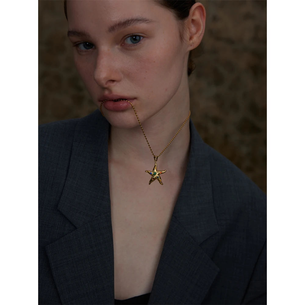 Cubic Zirconia Star Multi-Color Necklace — Gold-Plated Stainless Steel with Cubic Zirconia · PS2308