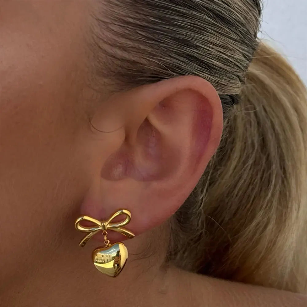 Bow Heart Drop Earrings — Stainless Steel · PS064
