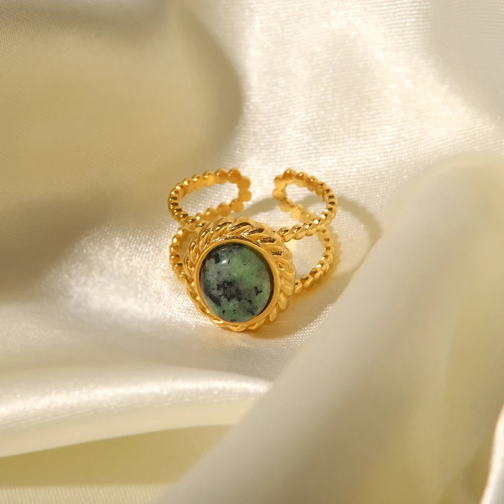 Green Stone Sun Ring Stack — Stainless Steel · PS131
