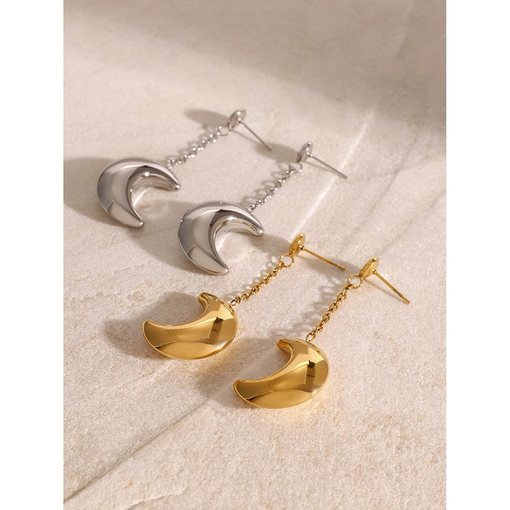 Crescent Moon Chain Earrings — Stainless Steel · PS075