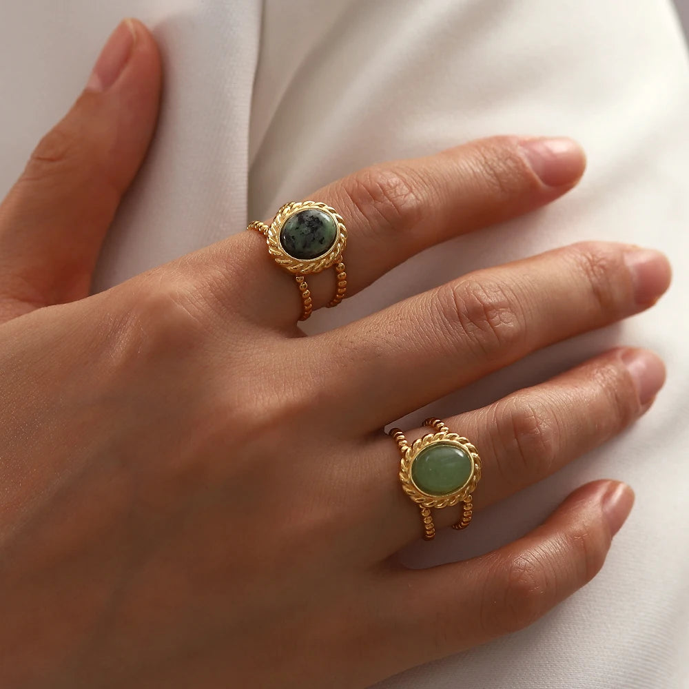 Green Stone Sun Ring Stack — Stainless Steel · PS131