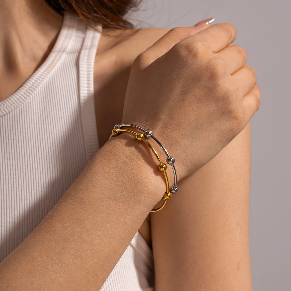 Beaded Open Cuff Bracelet — Stainless Steel · PS004