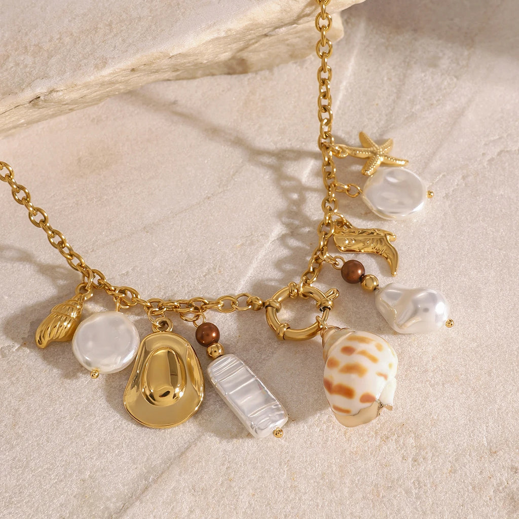 Shell Pearl Charm Necklace — Stainless Steel · PS163