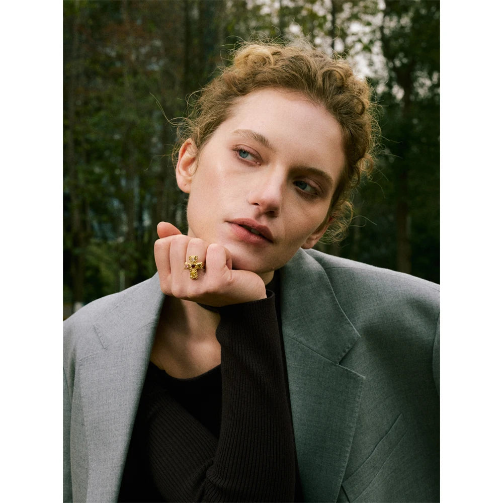 Cubic zirconia cross multi-color ring in 18K gold-plated stainless steel with cubic zirconia.
