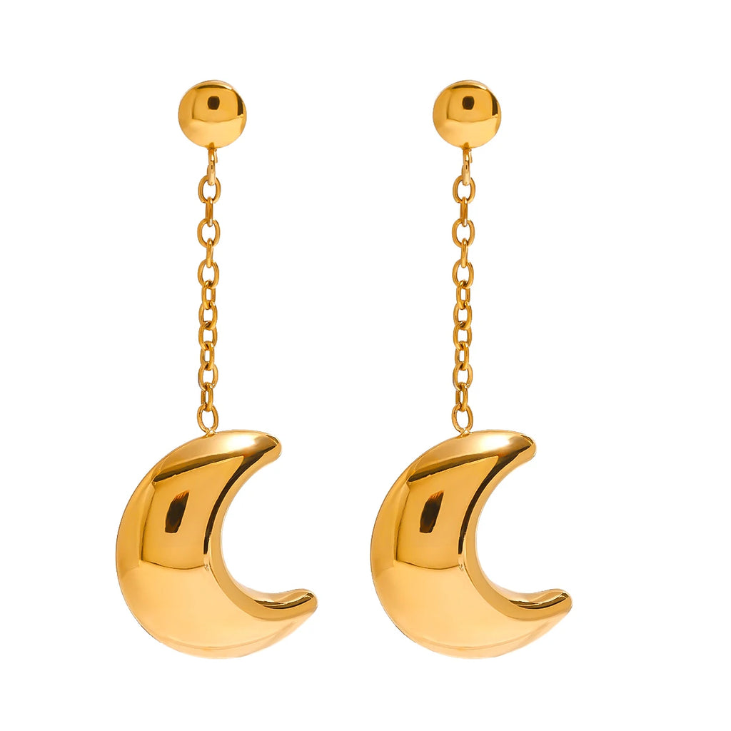 Crescent Moon Chain Earrings — Stainless Steel · PS075