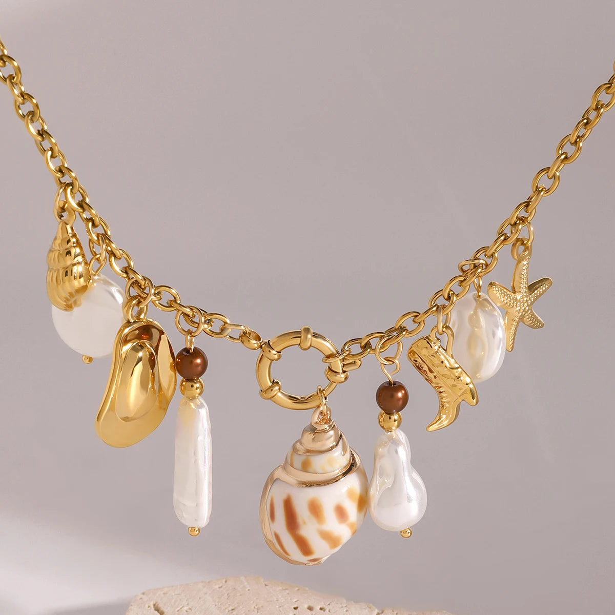 Shell Pearl Charm Necklace — Stainless Steel · PS163