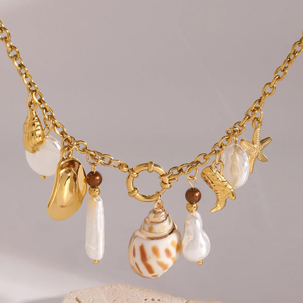 Shell Pearl Charm Necklace — Stainless Steel · PS163