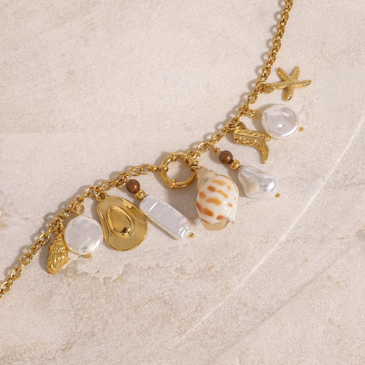 Shell Pearl Charm Necklace — Stainless Steel · PS163
