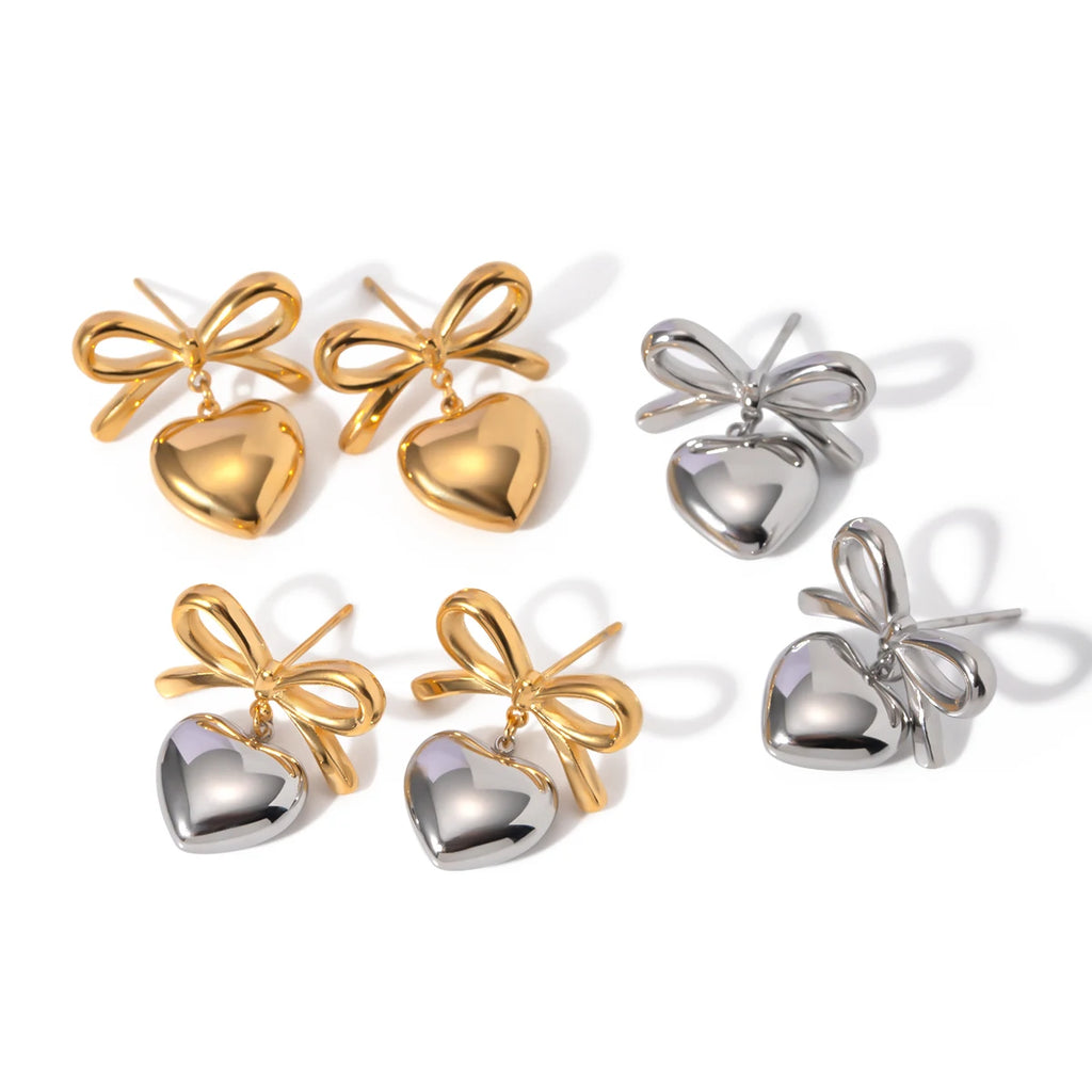 Bow Heart Drop Earrings — 316L Stainless Steel · PS069