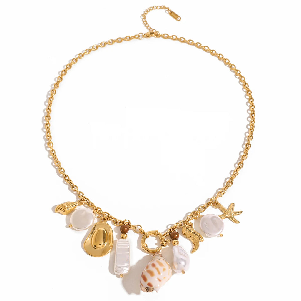 Shell Pearl Charm Necklace — Stainless Steel · PS163