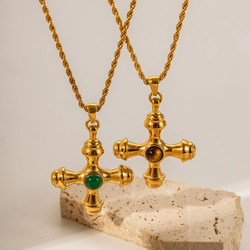 Green Stone Pendant Necklace — Stainless Steel · PS177