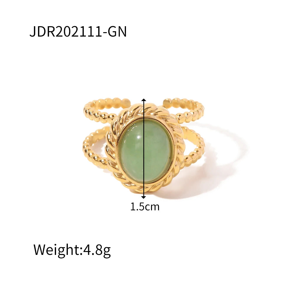 Green Stone Sun Ring Stack — Stainless Steel · PS131