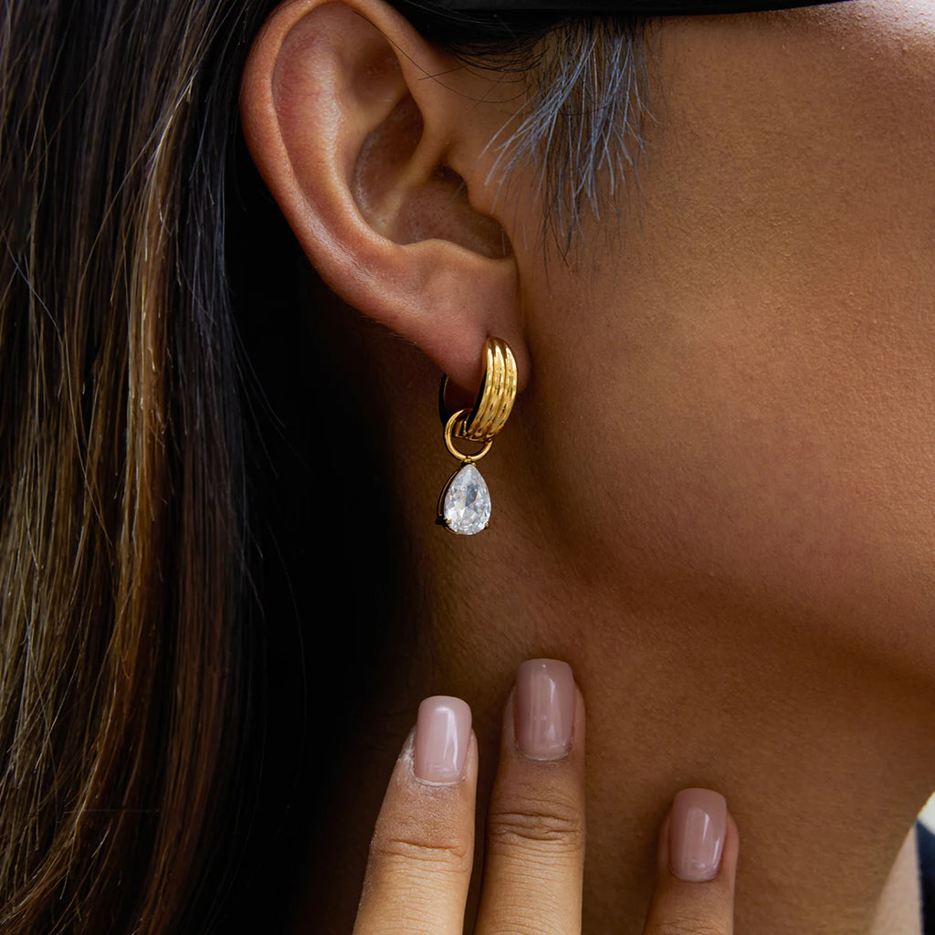CZ Teardrop Huggie Earrings — Stainless Steel · PS051