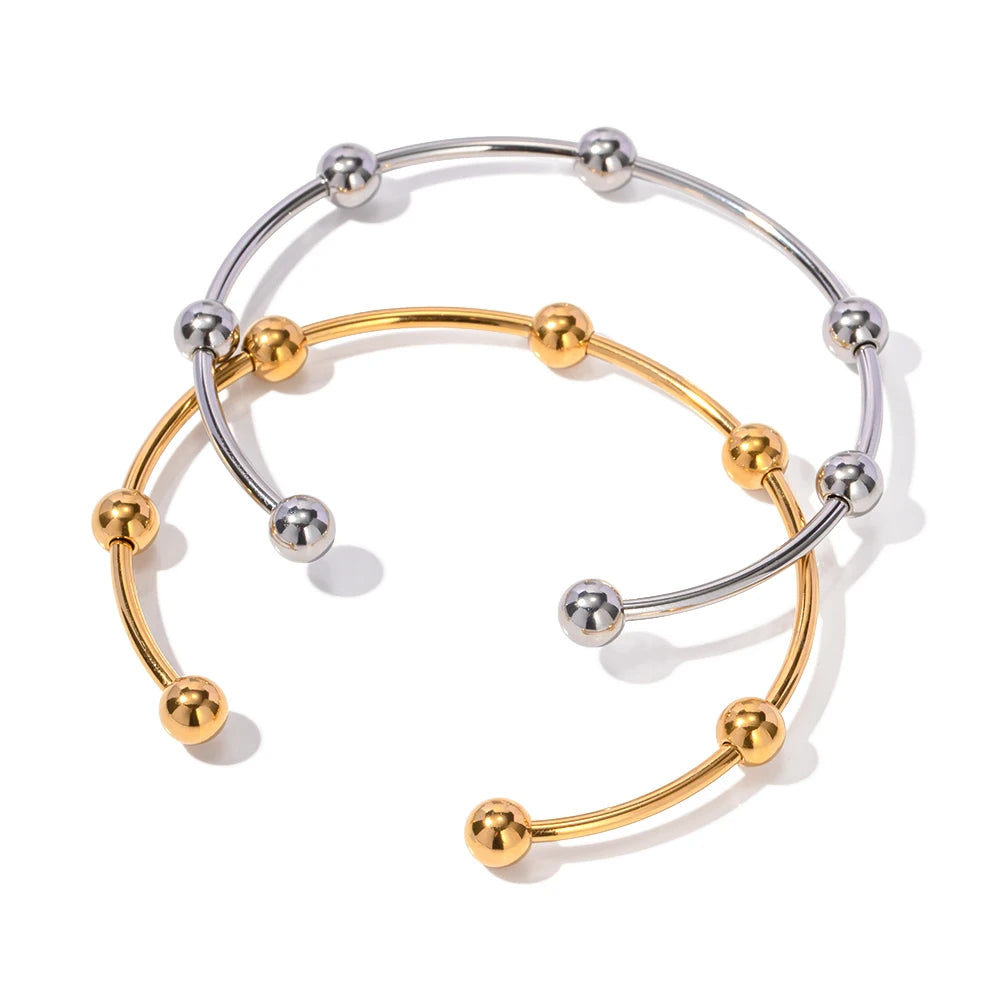 Beaded Open Cuff Bracelet — Stainless Steel · PS004