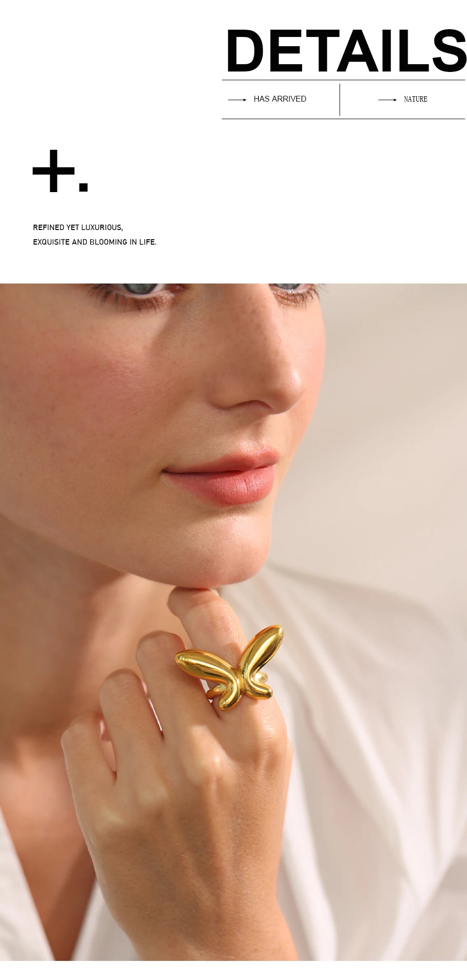 Butterfly minimalist geometric ring in 18K gold-plated 316L stainless steel.