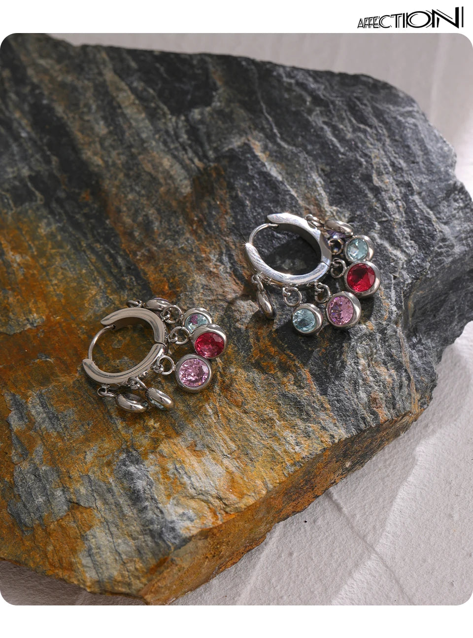 Cubic Zirconia Hammered Multi-Color Earrings — Gold-Plated Stainless Steel with Cubic Zirconia · PS2210